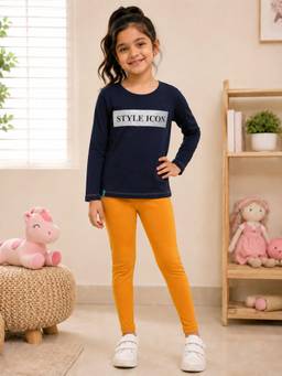 3PIN - Girls Cotton Full Sleeve T-shirt and Leggings-Navy Blue