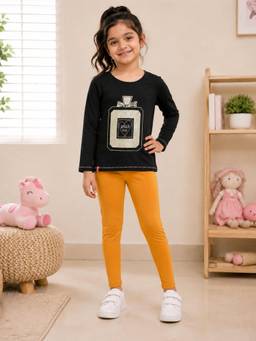 3PIN - Girls Cotton Full Sleeve T-shirt and Leggings-Black