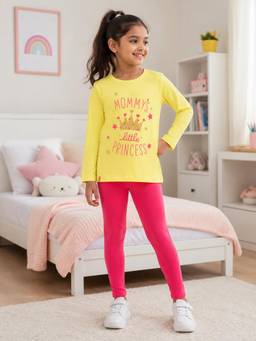 3PIN - Girls Cotton Full Sleeve T-shirt and Leggings-Yellow