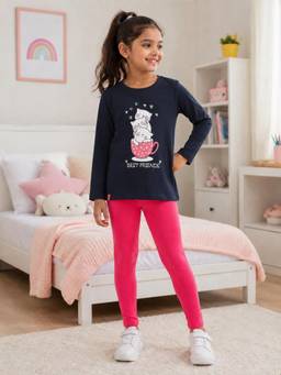 3PIN - Girls Cotton Full Sleeve T-shirt and Leggings-Navy Blue