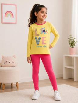 3PIN - Girls Cotton Full Sleeve T-shirt and Leggings-Yellow