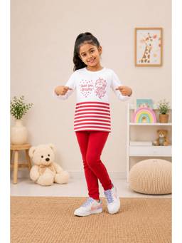 3PIN - Girls Cotton Full Sleeve T-shirt and Leggings-White