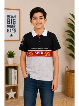 3PIN - Boys Cotton Polo Neck Short Sleeve T-shirt-Black