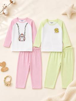 Bontots - Lyocell Nightwear T-shirts and Pyjamas- Green and Pink (Pack of 2)