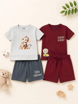 Bontots - Lyocell T-Shirts and Shorts-Grey and Maroon (Pack of 2)