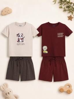 Bontots - Lyocell T-shirts and Shorts-Beige and Maroon (Pack of 2)