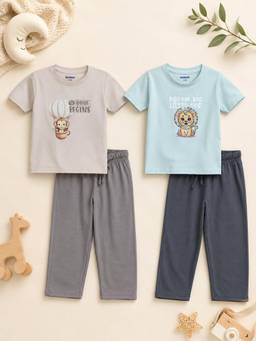 Bontots - Lyocell T-shirts and Pyjama-Beige and Blue (Pack of 2)