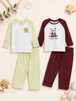 Bontots - Lyocell Nightwear T-shirts and Pyjamas- Green and Maroon (Pack of 2)