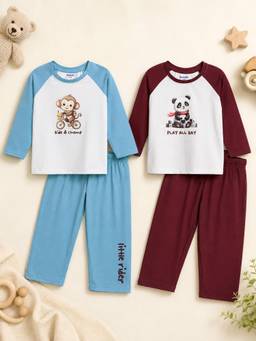 Bontots - Lyocell Nightwear T-shirts and Pyjamas- Blue and Maroon (Pack of 2)
