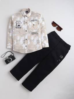 BT DEZINES - Boys Beige Abstract Print Shirt and Trouser with 3D Sticker-Beige