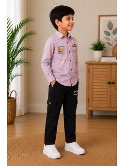 BT DEZINES - Boys Dusty Pink Abstract Print Shirt and Trouser with 3D Sticker-Pink