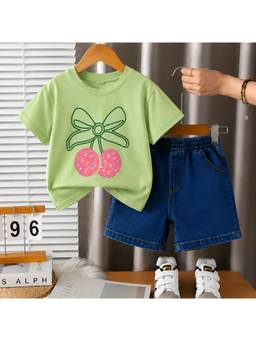 Googo Gaaga - Girls Green Cherry Printed Cotton T-shirt and Shorts