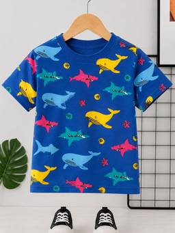 Googo Gaaga - Girls Blue Whale and Shark Printed Cotton T-shirt