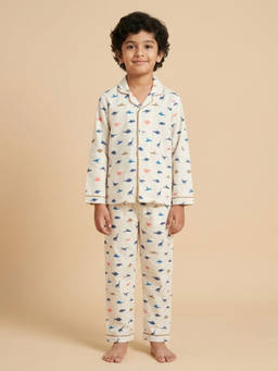 FUNKRAFTS - Kids Cotton Dinosaur Printed Shirt and Pyjama - Off White