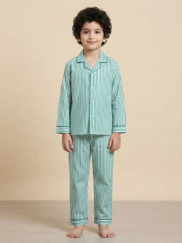 FUNKRAFTS - Kids Cotton Stripes Printed Shirt and Pyjama Green