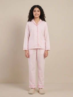 FUNKRAFTS - Girls Cotton Stripes Printed Shirt and Pyjama - Pink