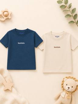 Bontots - Lyocell Regular T-Shirt Combo, Navy and Cream (Pack of 2)