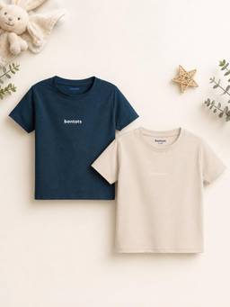 Bontots - Lyocell Regular T-Shirt Combo, Navy and Beige (Pack of 2)