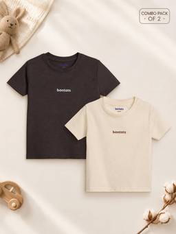 Bontots - Lyocell Regular T-Shirt Combo, Brown and Cream (Pack of 2)