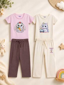 Bontots - Lyocell T-shirts and Pyjamas- Pink and Beige (Pack of 2)