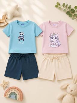Bontots - Lyocell T-shirts and Shorts- Blue and Pink (Pack of 2)