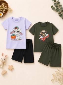 Bontots - Lyocell T-Shirts and Shorts-Lavender and Olive Green (Pack of 2)