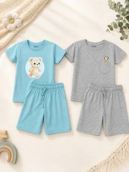 Bontots - Lyocell T-Shirts and Shorts-Blue and Grey (Pack of 2)