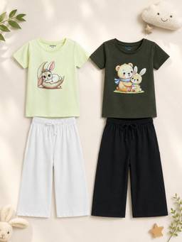 Bontots - Lyocell T-shirts and Palazzos-Lime Yellow and Olive Green (Pack of 2)