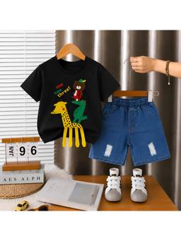 Googo Gaaga - Boys Black Animal Printed Cotton T-shirt and Shorts