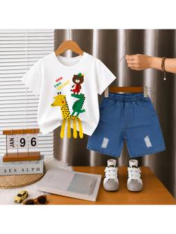 Googo Gaaga - Boys White Animal Printed Cotton T-shirt and Shorts
