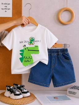 Googo Gaaga - Boys White Round Neck Graphic T-shirt with Denim Shorts