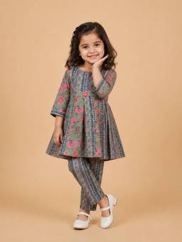 The Mom Store - Sage Petals Girls Floral Print Anarkali and Kurta