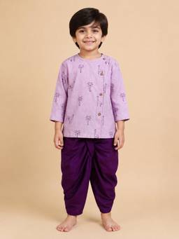 Polka Tots - Cotton Giraffe Embroidery Kurta With Dhoti -Purple