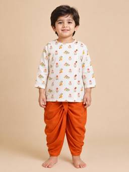 Polka Tots - Cotton Rabbit Print Kurta With Dhoti -White
