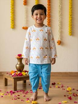 Polka Tots - Cotton Bird Print Kurta With Dhoti -White