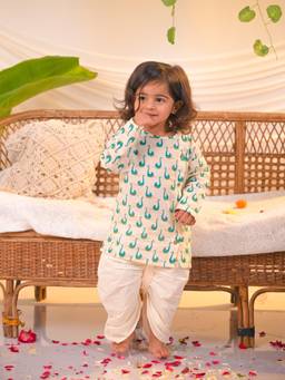Polka Tots - Cotton Swan Print Kurta With Dhoti -White