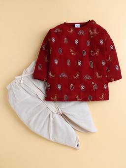 Polka Tots - Cotton Dinosaur Embroidery Kurta With Dhoti -Maroon