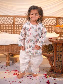 Polka Tots - Cotton Peacock Print Kurta With Dhoti -Multi-Colour