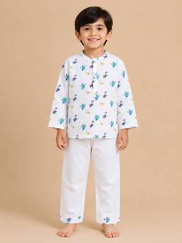 Polka Tots - Cotton Full Sleeve Monkey Print Nightwear Kurta and Pyjama -White