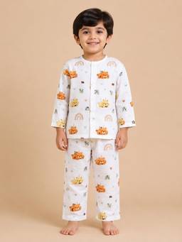 Polka Tots - Muslin Cotton Full Sleeve Koala Print Jabla and Pant -White