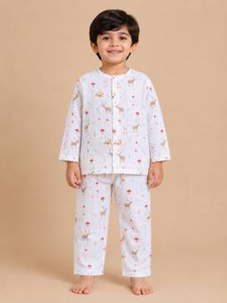Polka Tots - Muslin Cotton Full Sleeve Deer Print Jabla and Pant -White