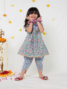 Polka Tots - Cotton Half Sleeve Floral Print Kurti and Dhoti -Blue