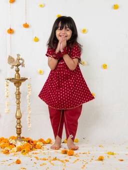 Polka Tots - Cotton Half Sleeve Ethnic Motif Print Kurti and Dhoti -Maroon