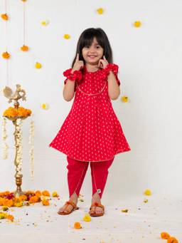 Polka Tots - Cotton Half Sleeve Ethnic Motif Print Kurti and Dhoti -Red
