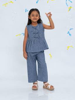 Polka Tots - Cotton Sleeveless Checks Print Co-Ord Set-Blue