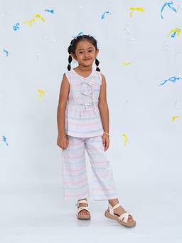 Polka Tots - Cotton Sleeveless Stripes Print Co-Ord Set-Multi-Colour