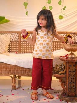 Polka Tots - Cotton Sleeveless Elephant Print Short Kurti With Pant -Mustard