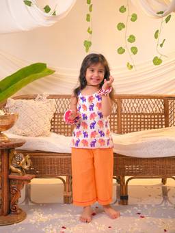 Polka Tots - Cotton Sleeveless Elephant Print Short Kurti With Pant -Orange