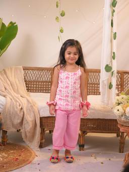 Polka Tots - Cotton Sleeveless Elephant Print Kurti With Pant-Pink