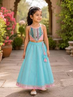 KID1 - SAKA DESIGNS Pure Cotton Woven Sleeveless Solid Lehenga and Choli - Blue